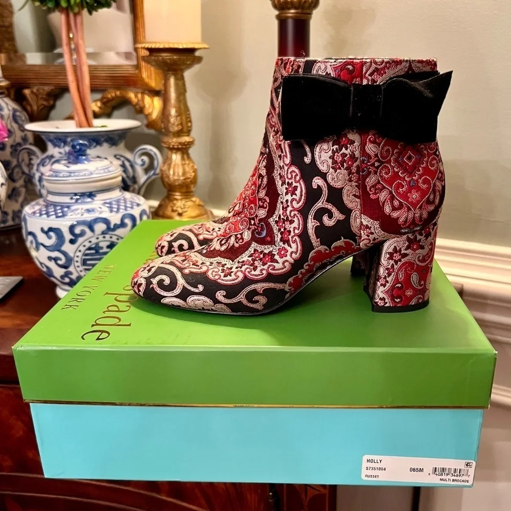 EEUC Kate Spade NY Holly Red Black Gray Brocade Booties Boots with Bow Size 6.5